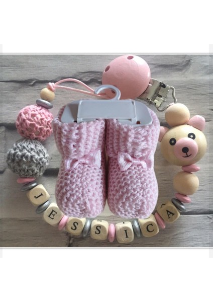 Isimli Bebek Emzik Zinciri ve Pembe Renk Patik Seti - SAHI_0386