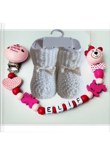 Isimli Bebek Emzik Zinciri ve Beyaz Renk Patik Seti - SAHI_0489