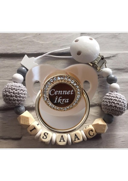 Isimli Bebek Emzik Zinciri ve Taşlı Bebek Silikon Emzik Seti (0-6 Ay) - SAHI_1194