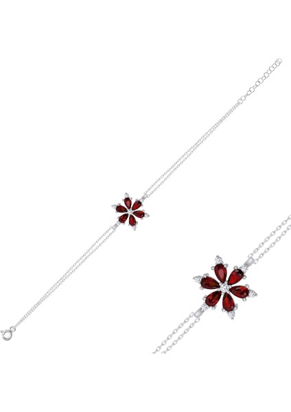 Özel Seri Lotus Çiçeği Garnet Zirkon Taşlı Bileklik Kadın 2.39 Gram