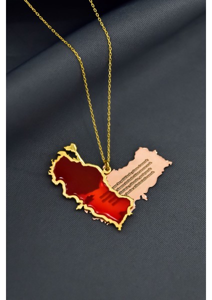 925 Ayar Gümüş Gold-Rose Kaplama Rüya Serisi Cam Boyalı Istiklal Marşı, Türkiye Haritası Kolye