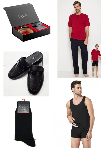 5Li Kutulu Erkek Çeyiz Paketi Pijama Takım & Şort Atlet Boxer Çorap - Kemer Cüzdan Set Ve Terlik H