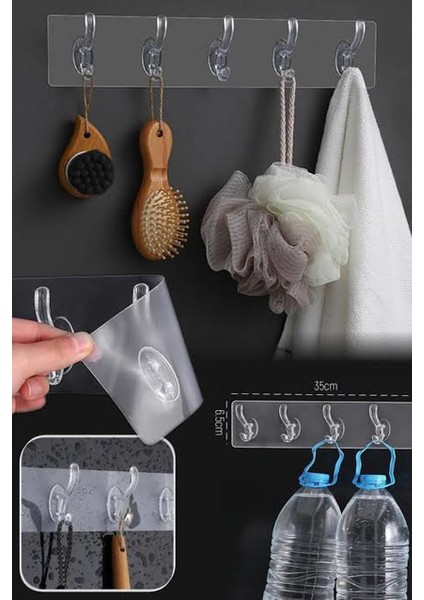 3 Adet Kendinden Yapışkanlı Güçlü Şeffaf 5'li Askılık - Kapı Arkası Mutfak Duvar Banyo Askılık