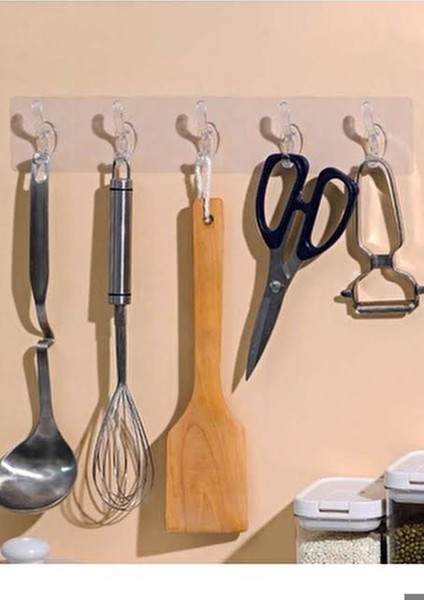 3 Adet Kendinden Yapışkanlı Güçlü Şeffaf 5'li Askılık - Kapı Arkası Mutfak Duvar Banyo Askılık