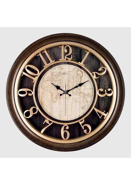 1965-VA Duvar Saati Kahverengi Çerçeveli Içi Kahve-Kakrem Haritalı 45CM Kabartma Rakam