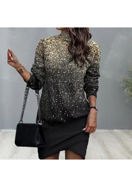 Eteği Kruvaze Kesim Balıkçı Yaka Payet Desen Dijital Baskılı Dalgıç Mini Elbise