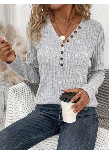 Kadın Uzun Kollu V Yakalı Düğme Detay Şardonlu Kaşkorse Bluz fiyatları