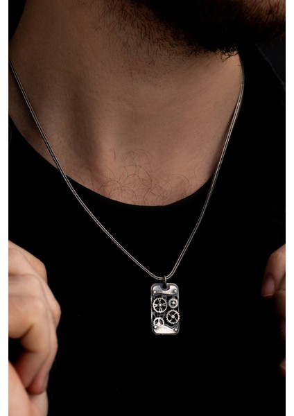 Erkek Gümüş Kolye - Oksitli Model Makina Mühendislerine Dişli Çarklı Mekanizma Gümüş Kolye