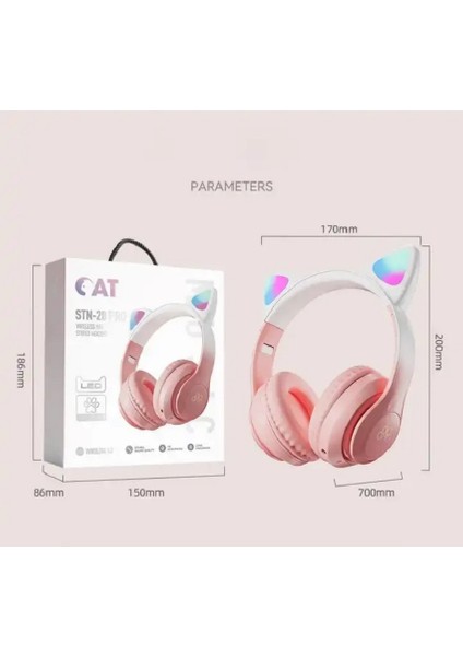 Stn-28 Pro Sevimli Kedi Kulaklı LED Işıklı Katlanabilir Kablosuz Kulaküstü Bluetooth Kulaklık
