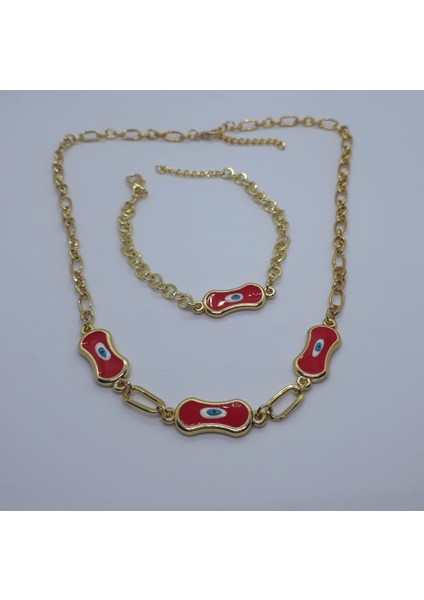 Gold Renk Çift Altın Kaplama Kırmızı Renk Nazar Boncuk Detaylı Kolye ve Bileklik Takımı