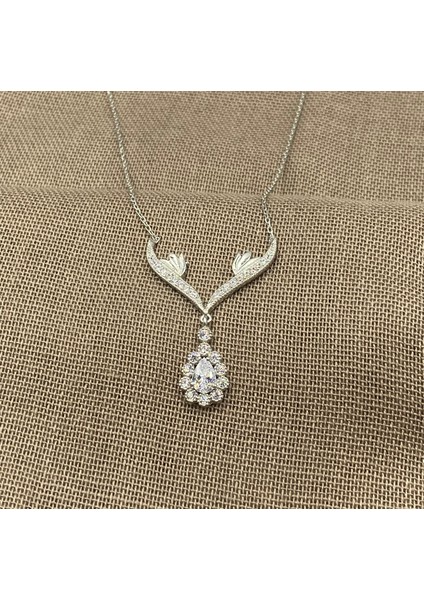 Inure Jewelry Beyaz Taş Damla Model 925 Ayar Gümüş Set Kolye & Bileklik & Küpe & Yüzük