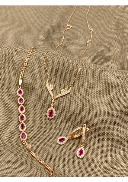 Inure Jewelry Zirkon Taşlı Kırmızı Damla Model 925 Ayar Rose Gümüş Set 925 Ayar Gümüş Kolye & Bileklik & Küpe