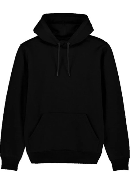 Unisex Siyah Şardonlu Kapüşonlu Kanguru Cepli Sweatshirt (Beden Tablosuna Bakınız)