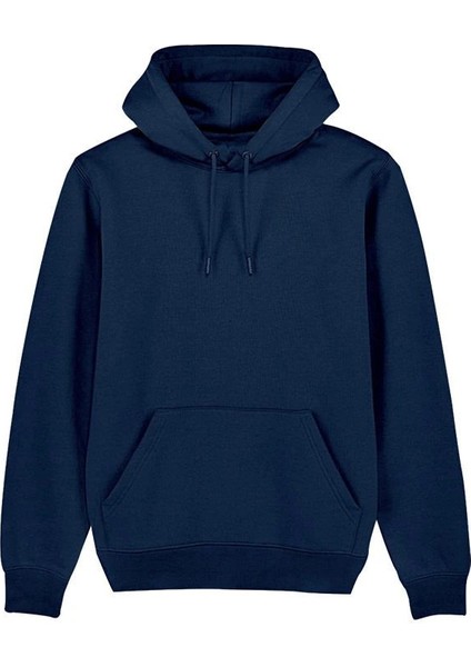 Unisex Lacivert Şardonlu Kapüşonlu Kanguru Cepli Sweatshirt (Beden Tablosuna Bakınız)