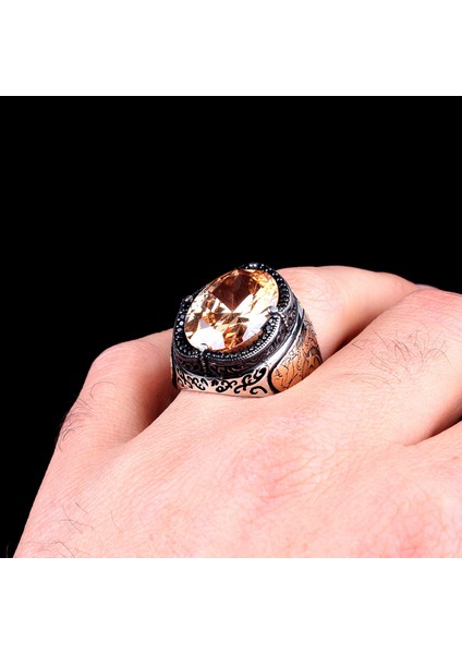 Ayyıldız Tuğra Model Işlemeli Zirkon Taşlı 925 Ayar Gümüş Yüzük