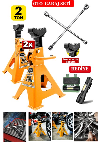 Germany 2ton Kapasiteli 4 Ayaklı Kriko Standı 2x Çift Kriko Sehpası Araç Kriko + 4'lü Bijon El Fener