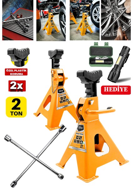 Germany 2ton Kapasiteli 4 Ayaklı Kriko Standı 2x Çift Kriko Sehpası Araç Kriko + 4'lü Bijon El Fener fiyatları