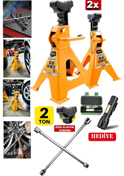 Germany 2ton Kapasiteli 4 Ayaklı Kriko Standı 2x Çift Kriko Sehpası Araç Kriko + 4'lü Bijon El Fener modelleri
