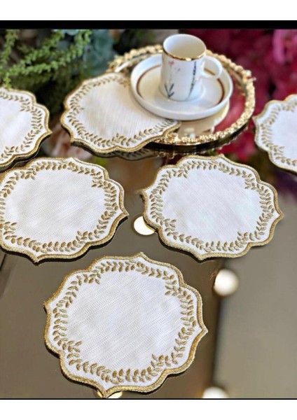 Yuvarlak Gold 6'lı Linen Keten Kahve Yanı Kokteyl Sunum Parti Peçetesi Nakış Işlemeli Sunumluk