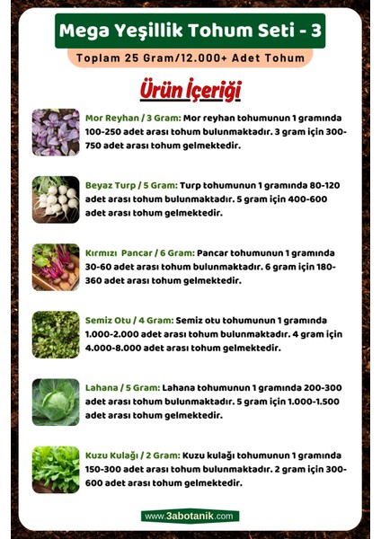 Mega Yeşillik Tohum Seti - 3, Toplam 25 GRAM/12.000 Adet Yeşillik Tohumu
