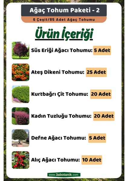 Ağaç Tohum Paketi-2, (Süs Eriği, Ateş Dikeni, Kurtbağrı, Kadın Tuzluğu, Defne, Alıç) Ağaç Tohumları fiyatları