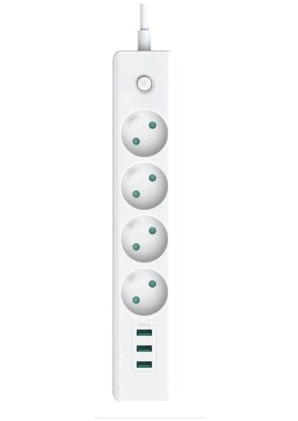 Termal Akım Korumalı Uzatmalı 4 x Priz, 3 x Usb, 2 mt Kablo Uzunluğu 10A, 2500W, Akım Korumalı Priz
