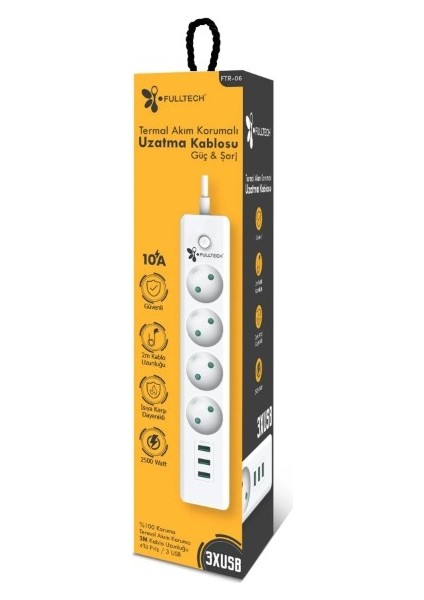 Termal Akım Korumalı Uzatmalı 4 x Priz, 3 x Usb, 2 mt Kablo Uzunluğu 10A, 2500W, Akım Korumalı Priz