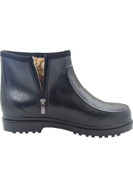 Siyah Yünlü Su Geçirmez Fermuarlı Kısa Lastik Bot