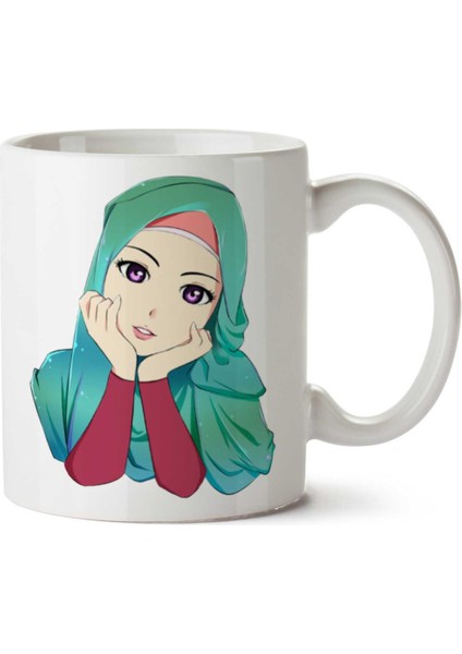 Anime Müslüman Tesettürlü Kadın Iki Tarafı Baskılı Kupa Bardak