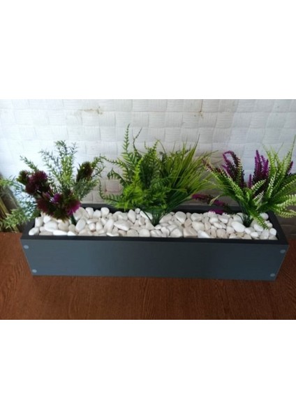 Antrasit Gri Ahşap Mdf Iç Mekan Saksıda Yapay Bitki ve Çiçekler 100*25*22 cm Ebat