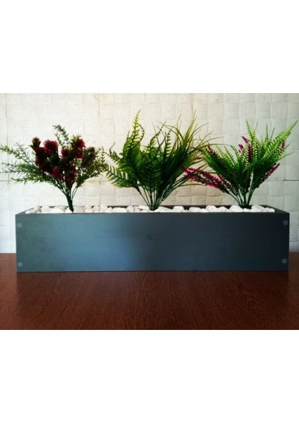 Antrasit Gri Ahşap Mdf Iç Mekan Saksıda Yapay Bitki ve Çiçekler 100*25*22 cm Ebat