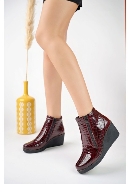 Kadın Hakiki Deri Kroko Rugan Bordo Dolgu Topuk Bot