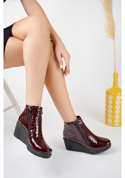 Kadın Hakiki Deri Kroko Rugan Bordo Dolgu Topuk Bot fiyatları