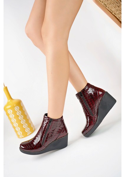Kadın Hakiki Deri Kroko Rugan Bordo Dolgu Topuk Bot modelleri
