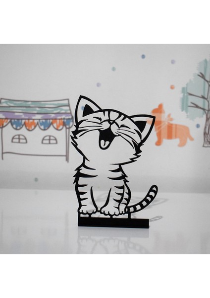 Woody Metal Sevimli Kedi Metal Mini Masa Raf Dekoru, Dekoratif, Kedi Biblo, Minimal Dekor, Masaüstü Ofis Hediyesi, Masaüstü Süs Eşyası