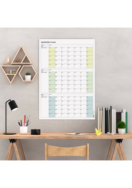 Amerikan Standardı Tarihsiz Üç Aylık Duvar Takvimi, Yeşil Renkler, Pazar Günü Başlagıç, Üç Aylık Duvar Planlayıcısı, 90 Günlük Takvim, 90 Günlük Plan - 35X50CM