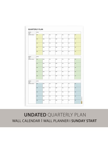 Amerikan Standardı Tarihsiz Üç Aylık Duvar Takvimi, Yeşil Renkler, Pazar Günü Başlagıç, Üç Aylık Duvar Planlayıcısı, 90 Günlük Takvim, 90 Günlük Plan - 35X50CM fiyatları