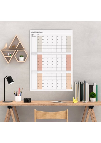 Amerikan Standardı Tarihsiz Üç Aylık Duvar Takvimi, Kahve Tonları, Pazar Günü Başlagıç, Üç Aylık Duvar Planlayıcısı, 90 Günlük Takvim - 50X70CM