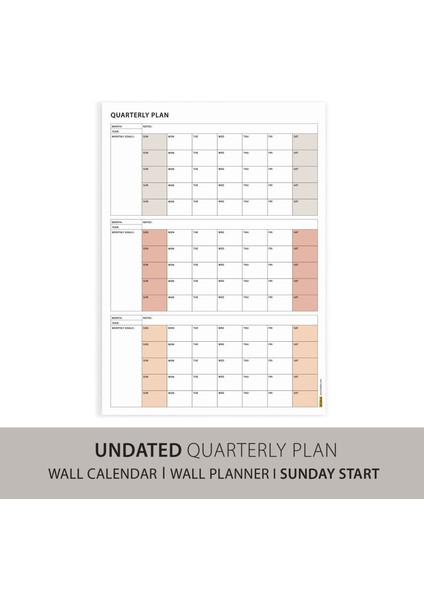 Amerikan Standardı Tarihsiz Üç Aylık Duvar Takvimi, Kahve Tonları, Pazar Günü Başlagıç, Üç Aylık Duvar Planlayıcısı, 90 Günlük Takvim - 50X70CM fiyatları
