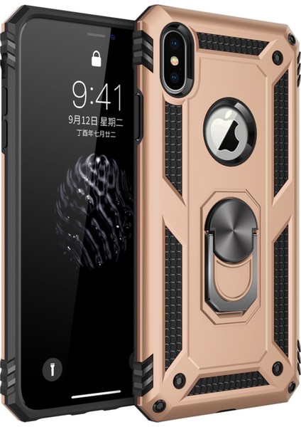 Apple iPhone Xs Kılıf Sofya Yüzüklü Silikon Kapak - Gold