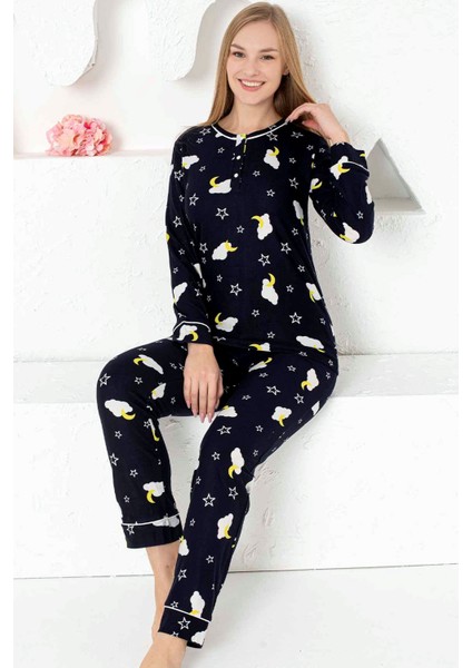 Kadın Lacivert Bulut Desenli Uzun Kollu Süper Soft Süet Likralı Kışlık Pijama Takımı EDY2772UK-L