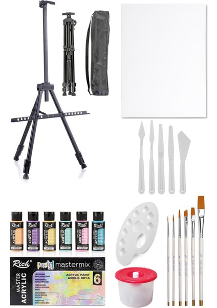 Mastermix Akrilik Boya Seti 6 Pastel Renk 3 Ayaklı Metal Şövale 35X50 Tuval Plastik Spatül Seti