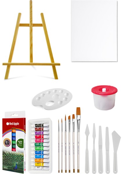 Mini Şövale Red Apple Akrilik Boya Seti 9 ml 12 Renk Tuval Seti 25X35 Plastik Spatula Seti
