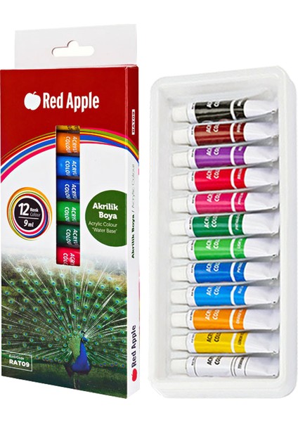 Mini Şövale Red Apple Akrilik Boya Seti 9 ml 12 Renk Tuval Seti 25X35 Plastik Spatula Seti