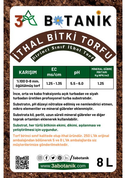 3A Botanik Birinci Sınıf Ithal Bitki Torfu, 8 Litre, Geniş Kullanım Alanı