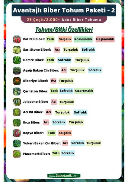 Avantajlı Biber Tohum Paketi-2, Toplam 25 Çeşit Biber Tohumu, Takribi 2.000 Adet Biber Tohumu modelleri