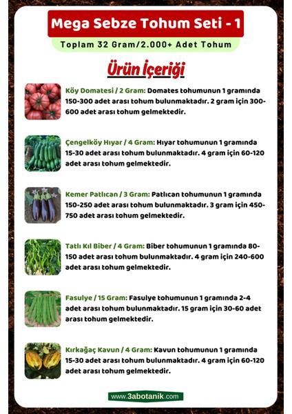 Mega Sebze Tohum Seti - 1, Toplam 32 GRAM/2.000 Adet Sebze Tohumu