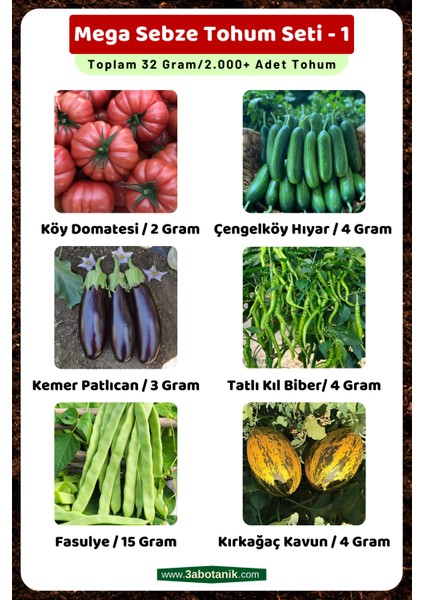 Mega Sebze Tohum Seti - 1, Toplam 32 GRAM/2.000 Adet Sebze Tohumu