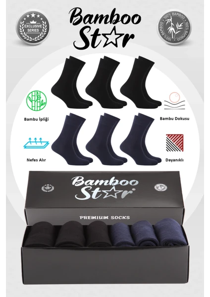 Bamboo Star Bambu Erkek Soket Uzun Düz Dikişsiz 6'lı Premium Kutulu  Çorap (3siyah-3lacivert)