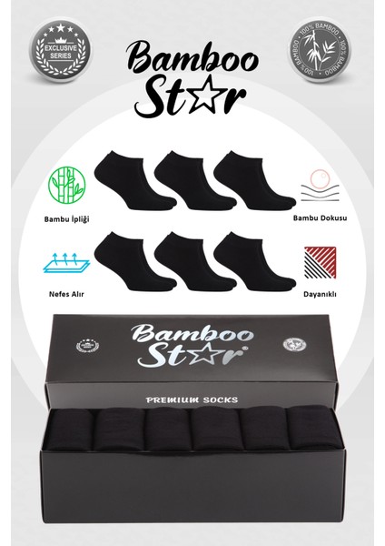 Bamboo Star Bambu Erkek Patik Düz Siyah Çorap Dikişsiz Premium Kutulu 6'lı